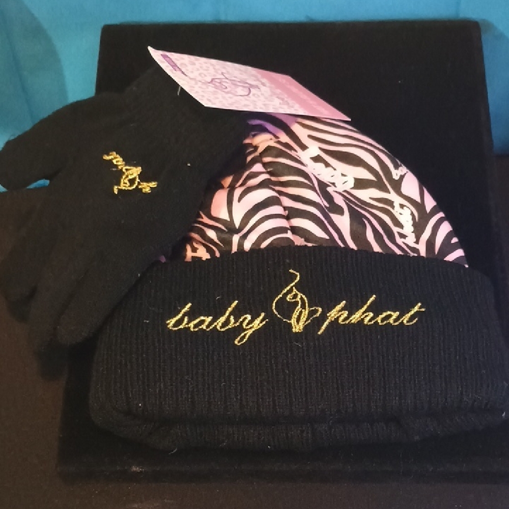 Baby Phat Black and Pink Knit Hat & Glove Set with Gold Embroidery